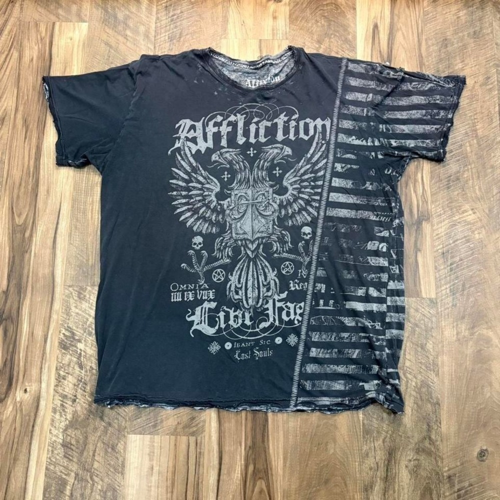 Vintage Y2K 2000s Affliction AOP All Over Print Tee Black Made in USA
